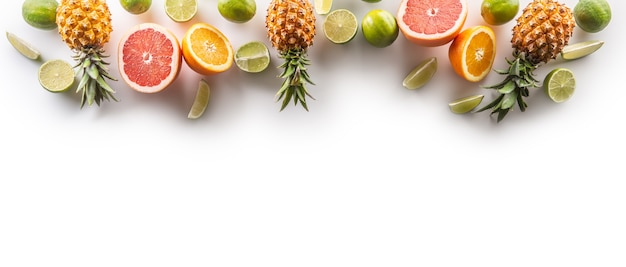 Assortment of tropical fruit and citruses on a white banner background.