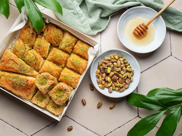 Assortment of Turkish baklava dessert in a box