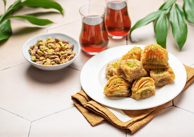 Photo assortment of turkish baklava dessert on a table