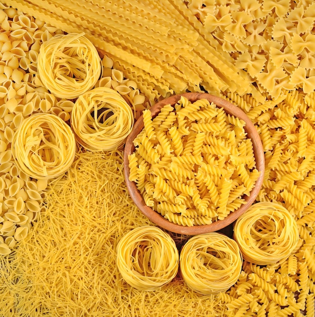 Assortment of uncooked Italian pasta as background texture