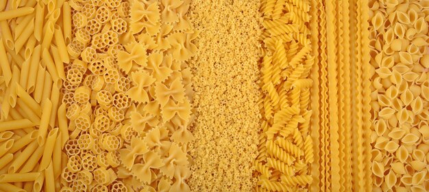 Assortment of uncooked Italian pasta as background texture