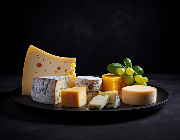 Photo assortment of various cheeses captured in studio lighting on a stylish dark background