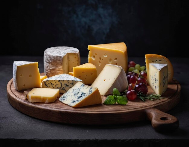 Assortment of various cheeses captured in studio lighting on a stylish dark background