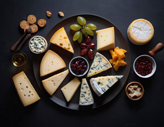 Assortment of various cheeses captured in studio lighting on a stylish dark background