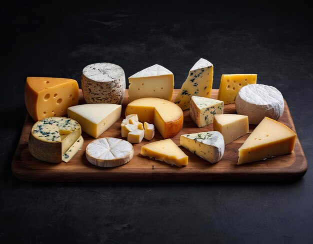 Photo assortment of various cheeses captured in studio lighting on a stylish dark background