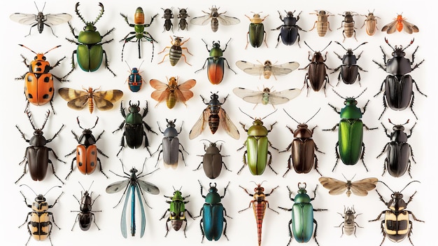 Assortment of various pinned insects prominently featuring beetles and dragonflies
