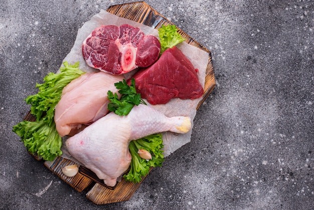 Assortment of various raw meat