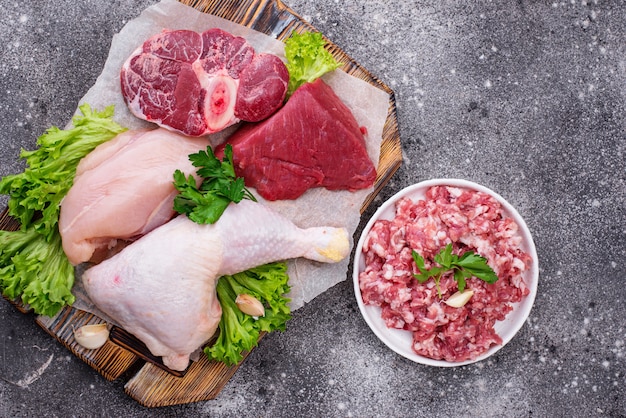 Assortment of various raw meat