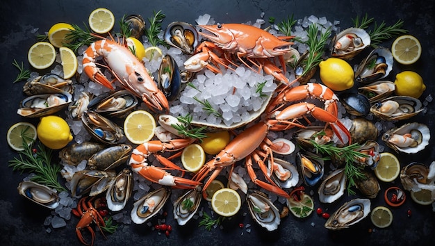 Photo assortment of various raw seafood on a dark background