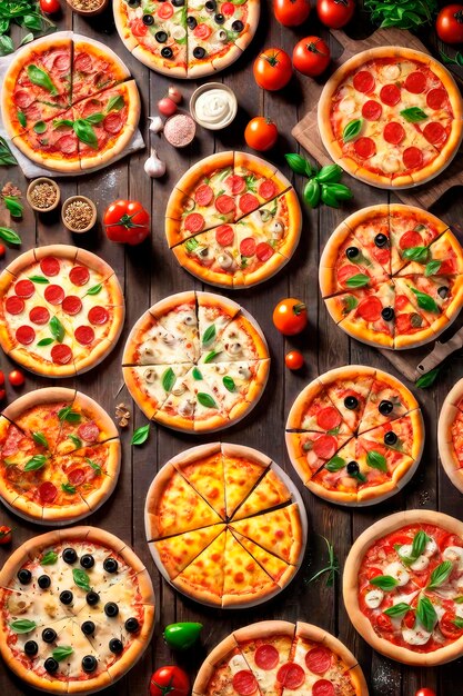 Assortment of various type of Italian pizza on a on brown wooden background