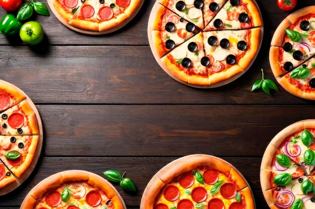 Assortment of various type of Italian pizza on a on brown wooden background