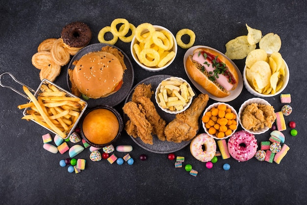 Premium Photo | Assortment of various unhealthy junk food