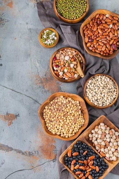 Assortment of vegan protein source food legumes lentils chickpeas beans