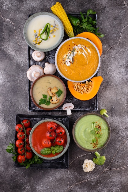 Assortment of vegetable autumn cream soups