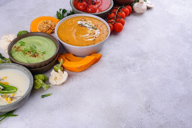 Assortment of vegetable autumn cream soups