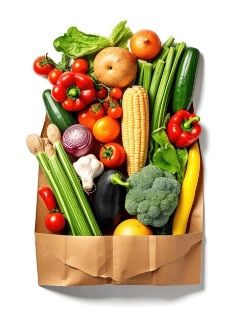 Assortment of vegetables in paper bag isolated on white background