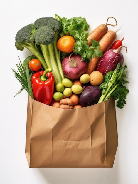 Ассортимент овощей в бумажном пакете, выделенном на белом фоне