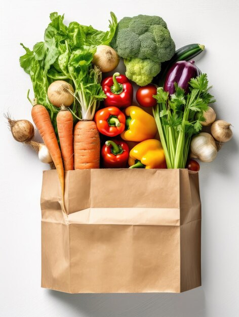 Photo assortment of vegetables in paper bag isolated on white background