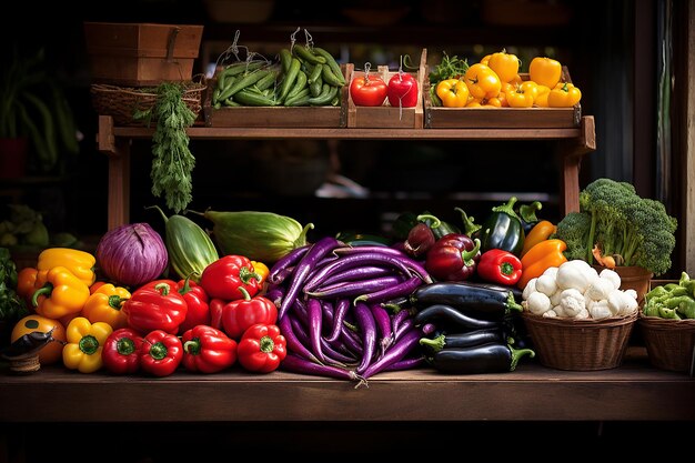 assortment of vegetables on the shelves in the storeconcept of health eating vegetarianism and diet