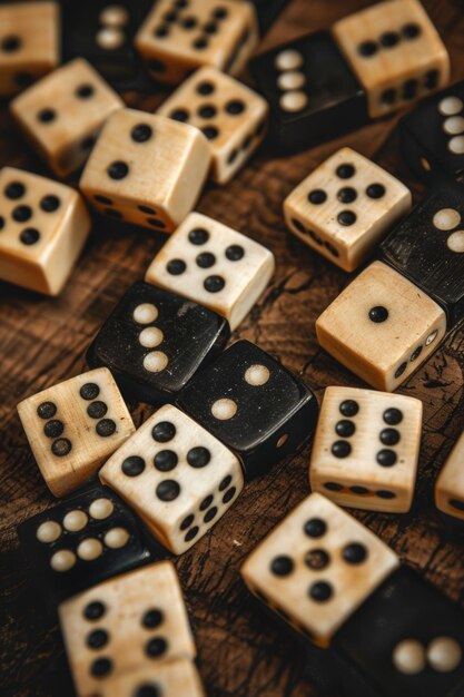 Assortment of Vintage Dice on Wooden Surface