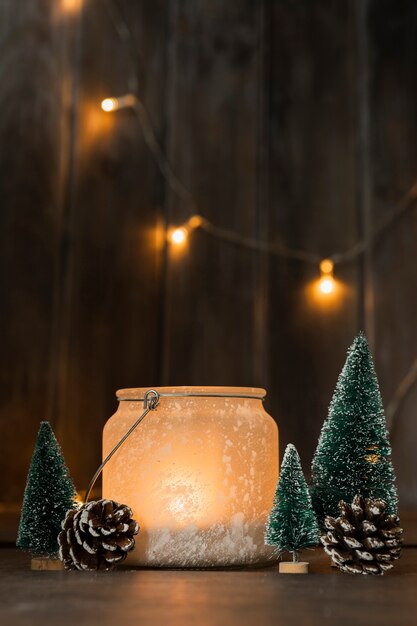 Photo assortment with christmas trees and candle