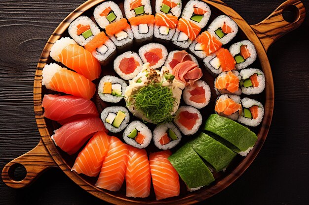 Assortments of sushi with sticks top view