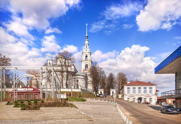 Assumption Cathedral and Bell Tower and Former Tea Room of the Temperance Society cafe and hotel Revolution Square Kineshma Ivanovo Region