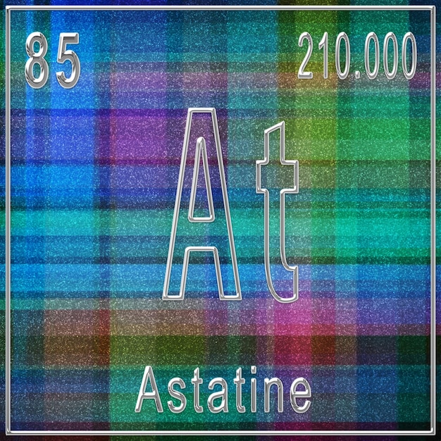 Astatine scheikundig element, teken met atoomnummer en atoomgewicht, periodiek systeemelement