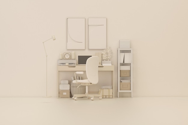 아스텔 베이지 단색 최소 사무실 테이블 책상 연구 책상 및 작업 공간에 대한 최소한의 아이디어 개념