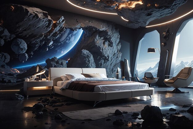 Asteroid Ambiance Een futuristische slaapkamer met meteorietwonderen