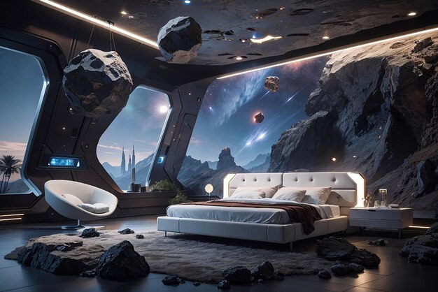 Photo asteroid ambiance a futuristic bedroom with meteorite marvels