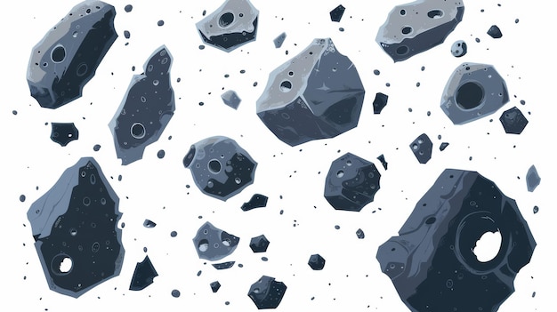 小惑星のベルトは白い背景の上に描かれており重さのない状態で飛ぶクレーターの石で構成されています 様々な目的で使用できます