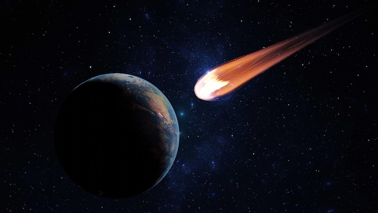 Photo asteroid fall of comet to earth armageddon disaster danger meteorite huge fiery comet is flying in space towards earth 3d render