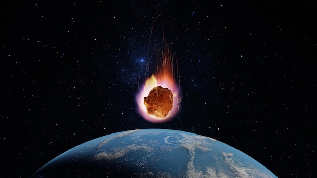 Asteroid fall of comet to earth Armageddon disaster danger meteorite Huge fiery comet is flying in space towards Earth 3d render