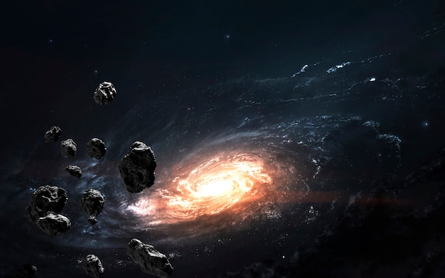 Asteroid field against galaxy, awesome science fiction wallpaper, cosmic landscape. 