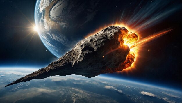 An asteroid on fire is hurtling towards a blue and green planet