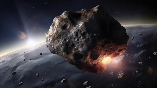 宇宙を飛行する小惑星 宇宙探査の美しさを示す宇宙空間の惑星と星