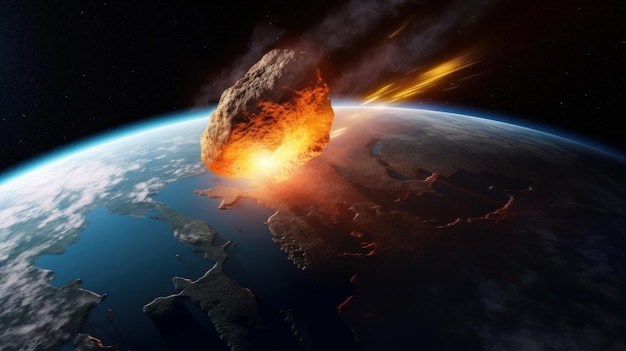 Asteroid impact on Earth causing a collision 3D rendering