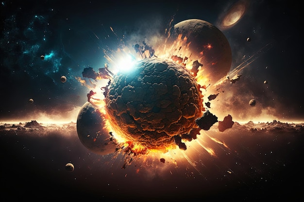 Asteroid impact end of world judgment day Group of burning exploding asteroids from deep space approaches to planet Earth