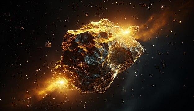 Asteroid made of pure gold in space realistic