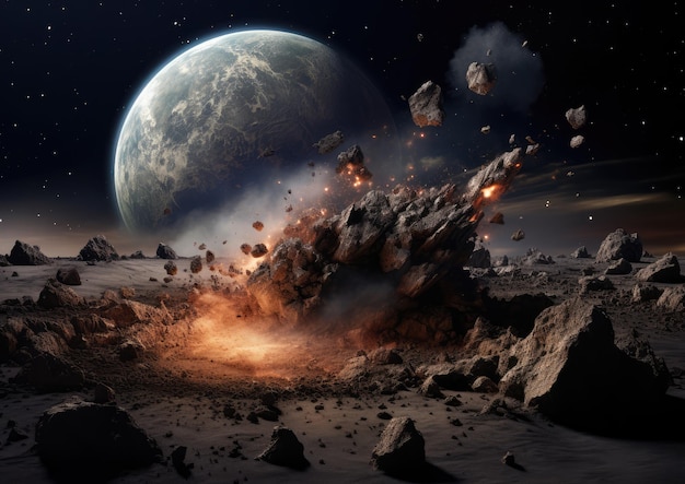 An asteroid making impact on a deserted moon surface