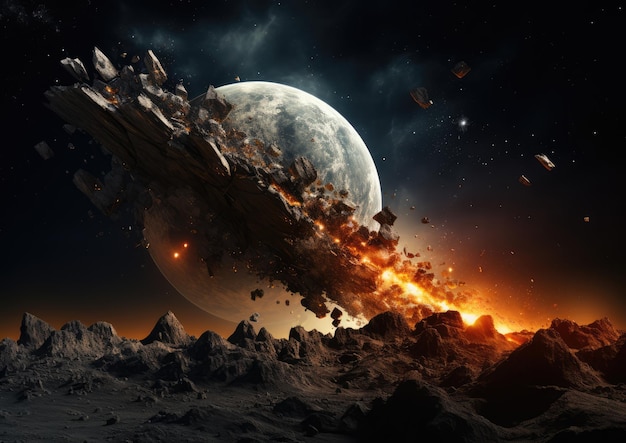 荒れ果てた月面に衝突する小惑星