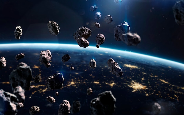 Asteroïden dichtbij de aarde. Meteorieten in een baan om de planeet. Deep space-afbeelding, sciencefictionfantasie in hoge resolutie, ideaal voor behang en print. Elementen van deze afbeelding geleverd door NASA