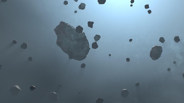 Asteroids field flying in space belt of large metallic
asteroids rocks and debris swarm flying through space cosmic
background 3d render