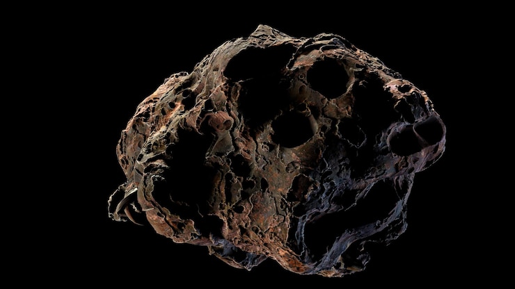 Photo asteroids flying in space belt of large metallic asteroids rocks and debris swarm flying through space cosmic background 3d render