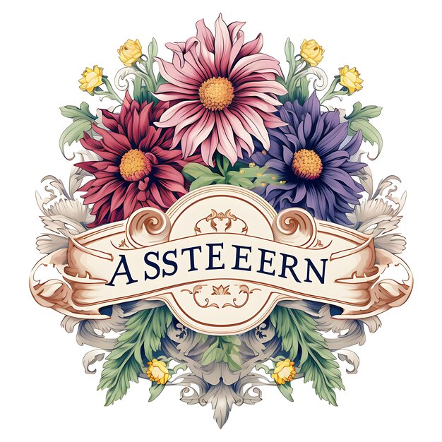 Asters flower label heirloom aster bouquet with silk jewel t 2d label vintage design packaging tem