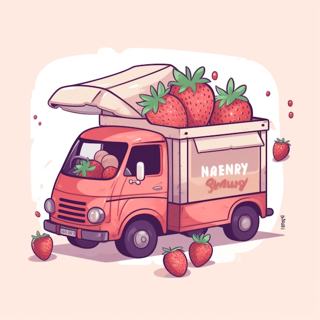 Photo asthetic cartoon pic of strawberry truck