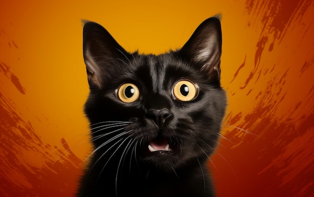 目を見開いて口を開けて驚く黒猫の生成 Ai