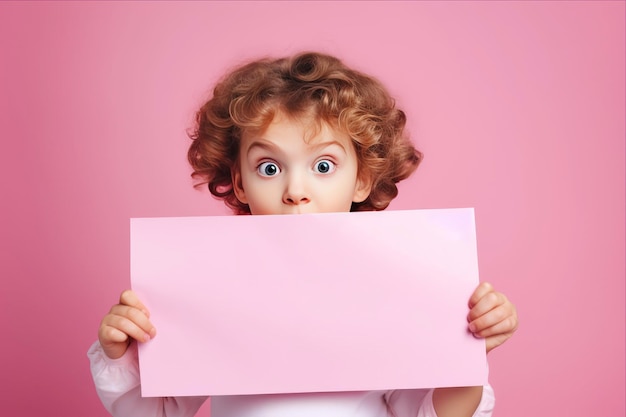 Photo the astonished child a captivating advertisement with copy space on a blank pink paper sheet