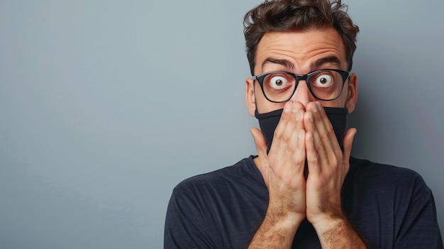 astonished person hiding face in disbelief on gray backdrop with text space